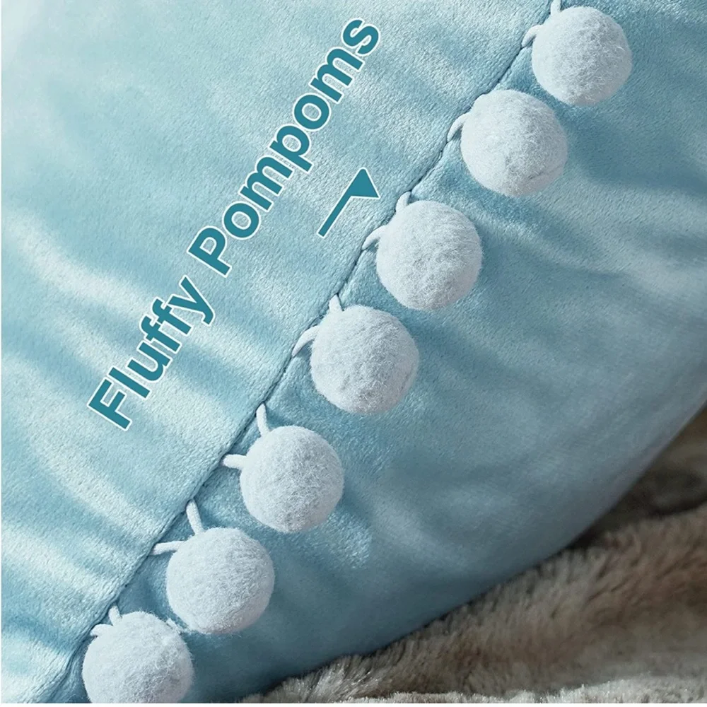 Luxury Home | Boho Chic Light Blue Soft Velvet Pom Pom Trim Throw Pillow Covers